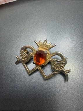Vintage Celtic Amber Gem Heart & Crown Brooch #11CEL